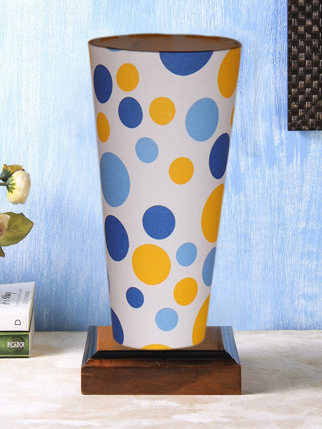 Devansh White & Blue Wooden Geometric Table Lamp