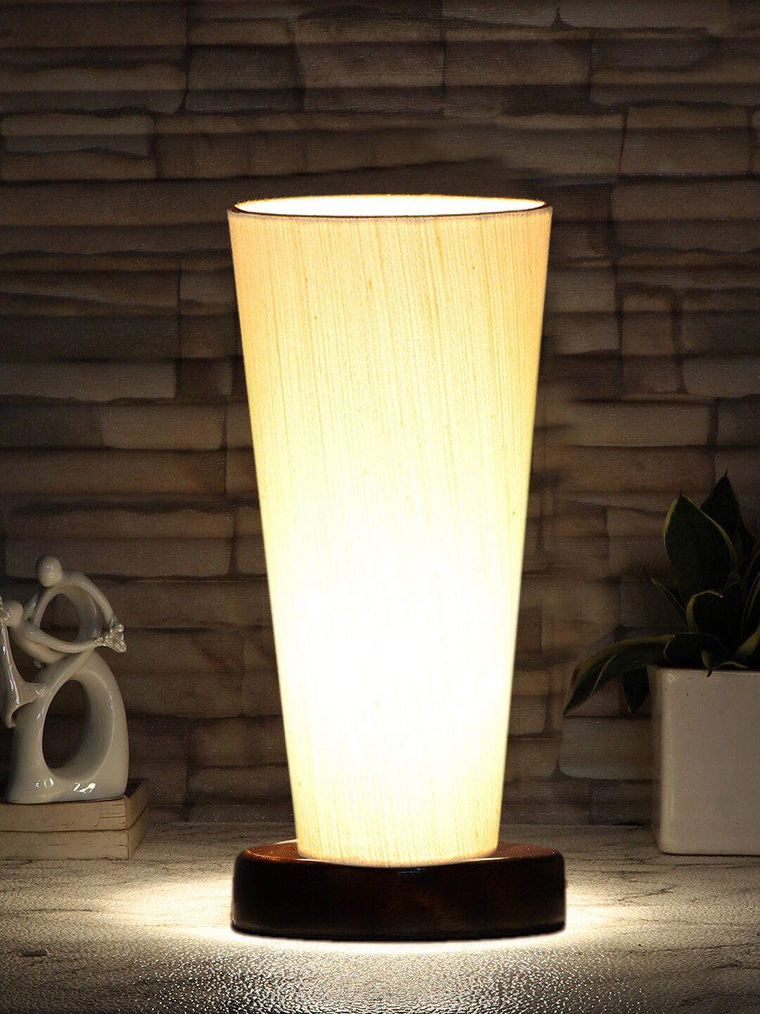 Devansh Off White Cotton Cylinder Table Lamps With Brown Round Wood Base