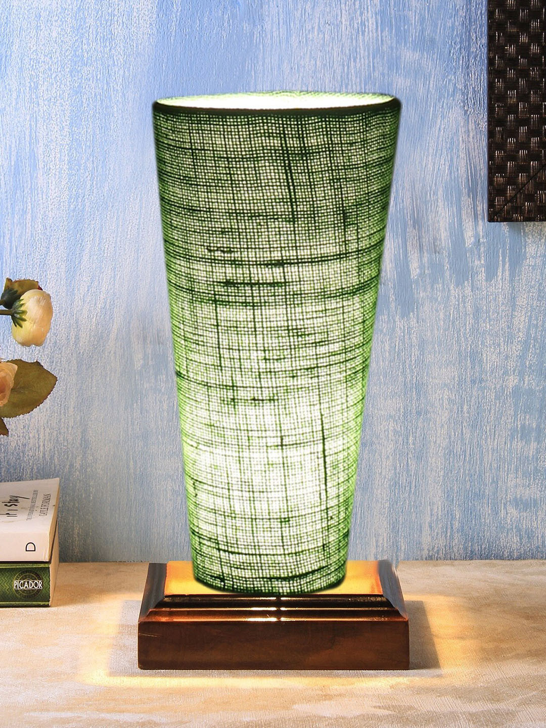 Devansh Green Jute Cylinder Table Lamps With Brown Square Wood Base