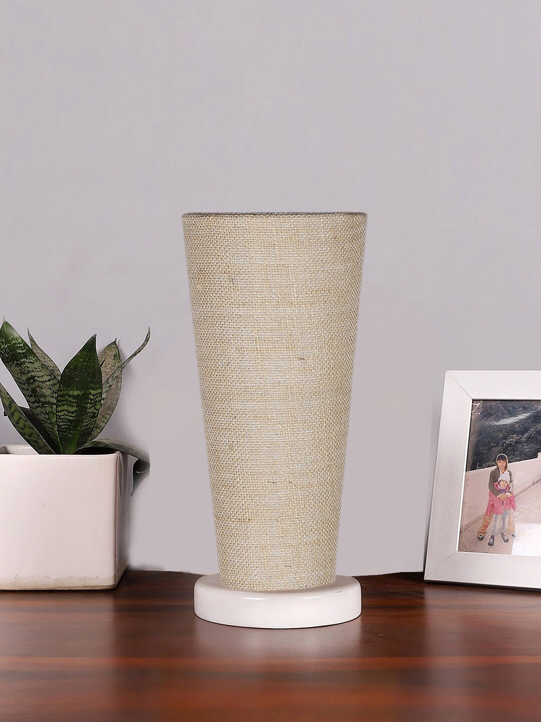 Devansh Beige Jute Cylinder Table Lamps With Brown Round Wood Base