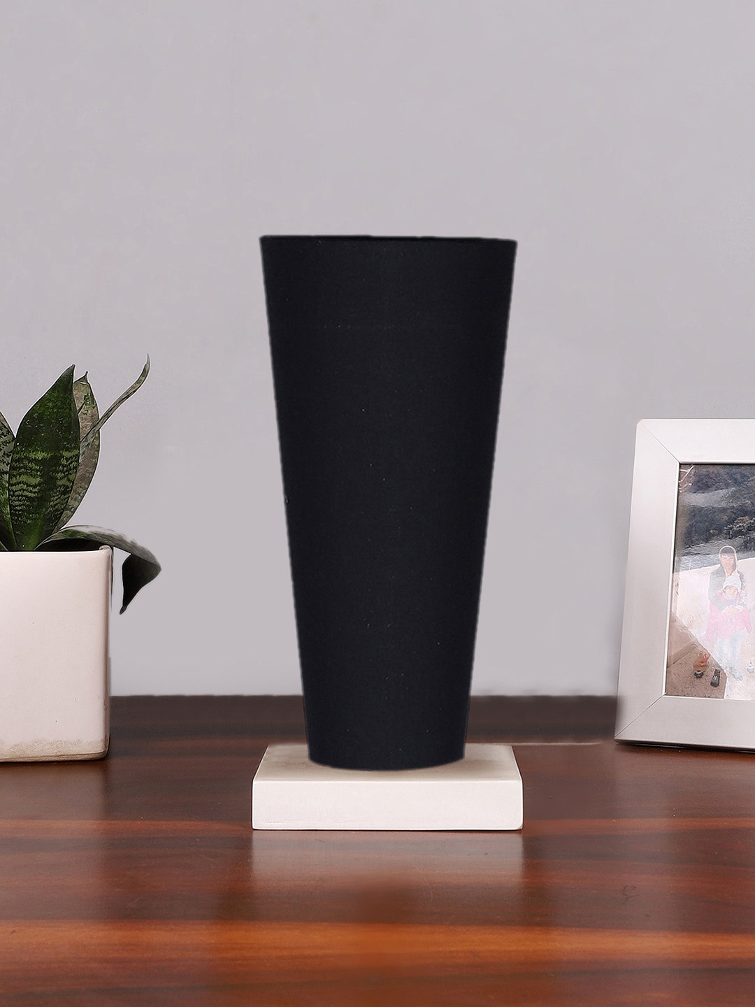 Devansh Black Cotton Cylinder Table Lamps With White Square Wood Base