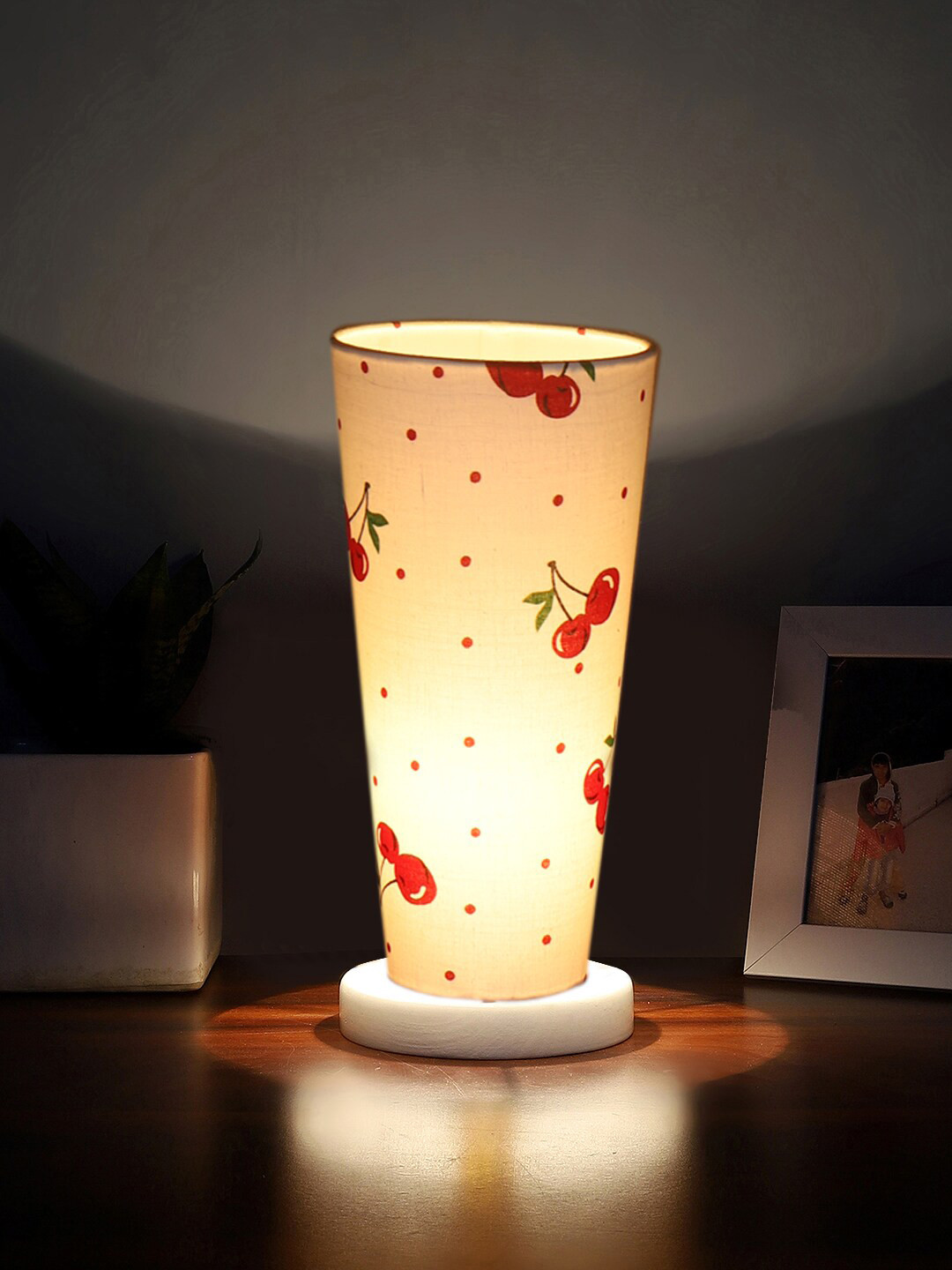 Devansh White Cotton Cylinder Table Lamps With White Round Wood Base