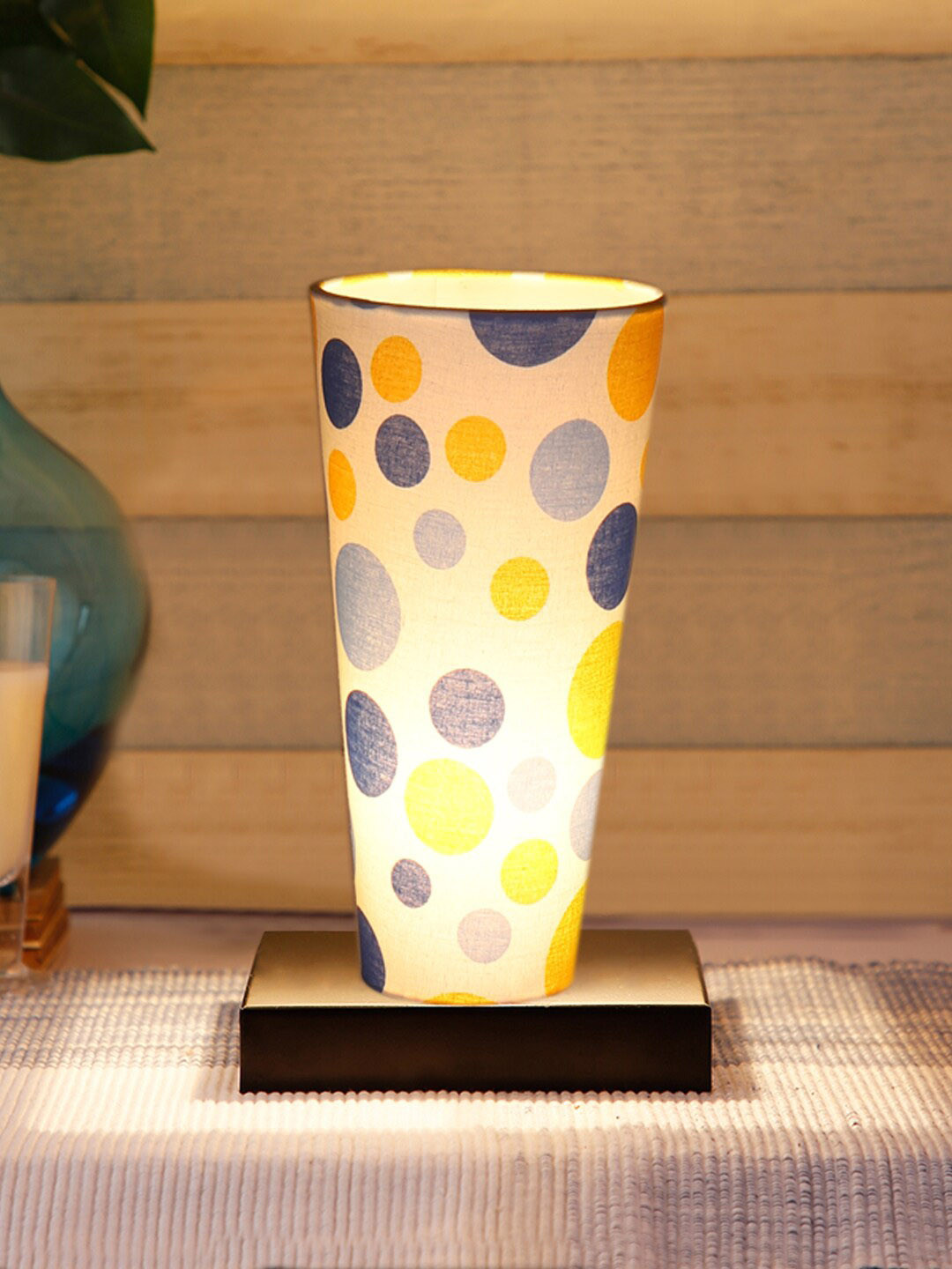 Devansh White & Blue Geometric Wooden CylindricalTable Lamp