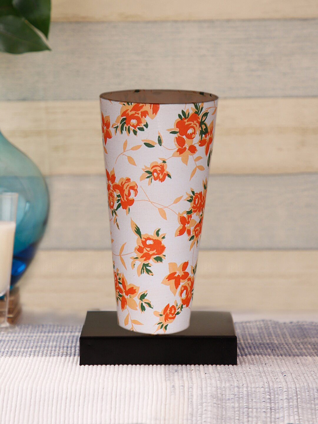 Devansh White & Orange Cylinder Table Lamps With Brown Square Wood Base
