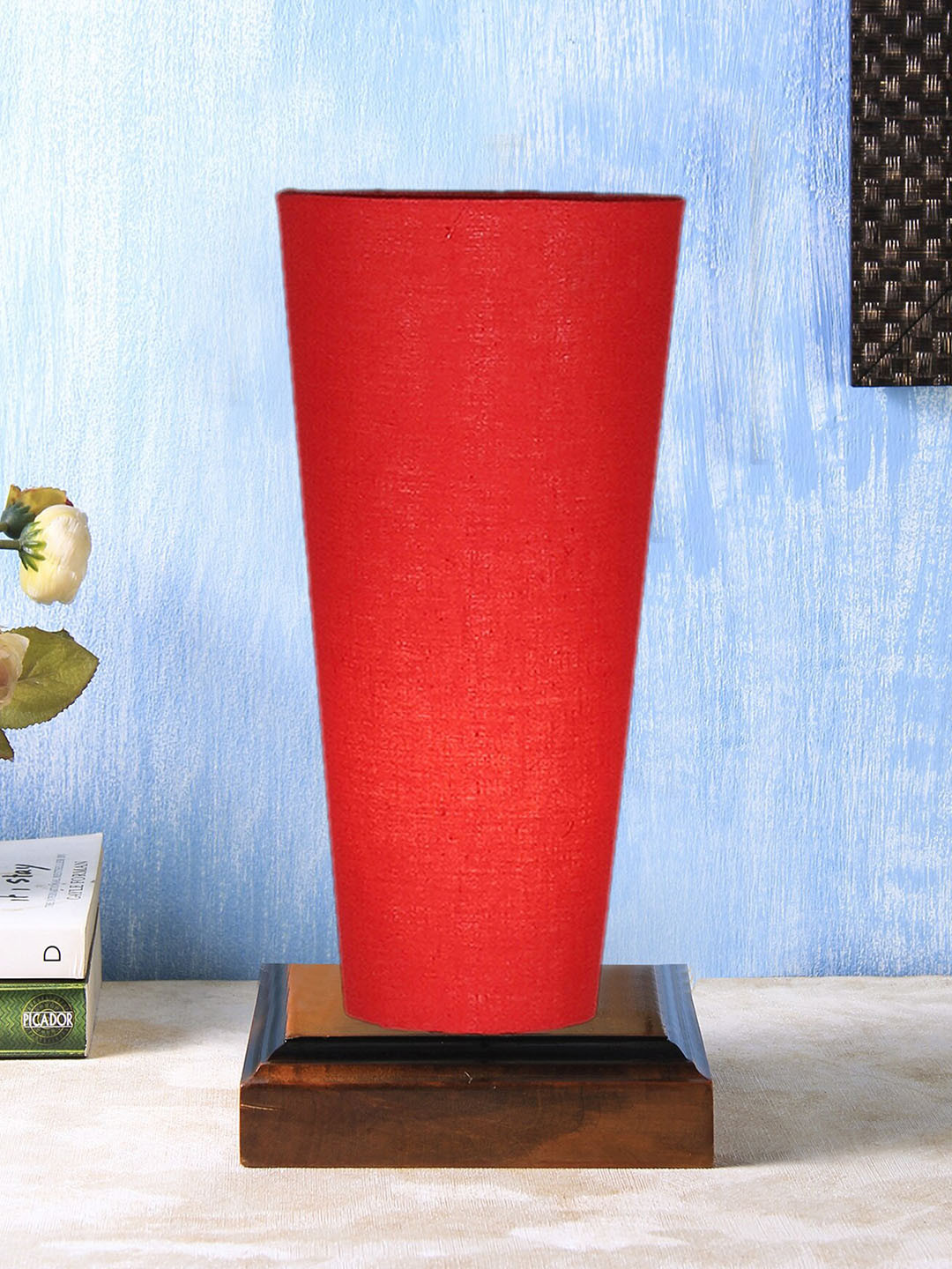 Devansh Red Cotton Cylinder Table Lamps With Square Round Wood Base