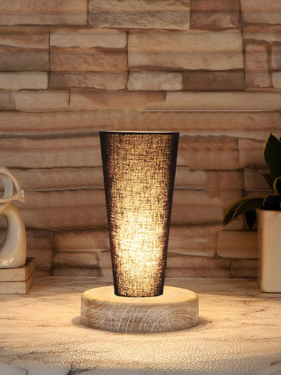 Devansh Black and White Cotton lamp with brushed Round wooden base Table Lamps