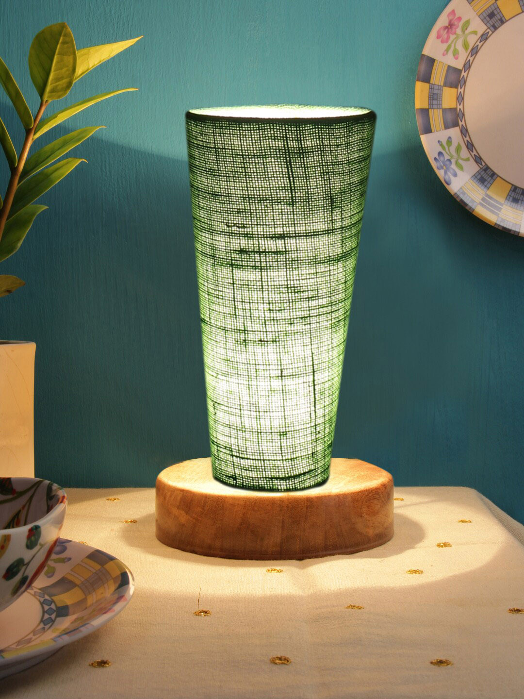 Devansh Green Jute Cylinder Table Lamps With Brown Round Wood Base