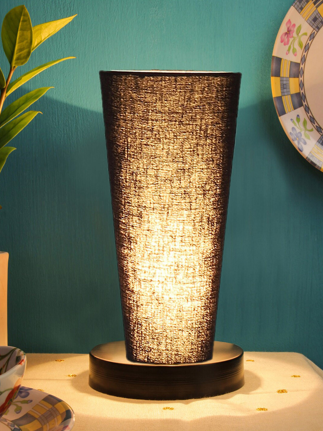 Devansh Black Cotton Cylinder Table Lamps With Black Round Wood Base