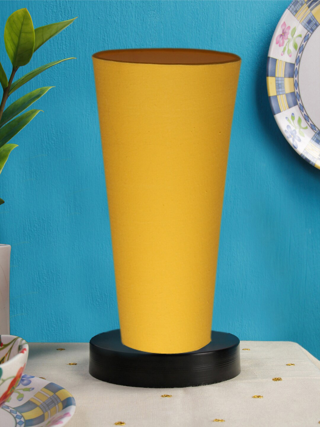 Devansh Yellow Cotton Cylinder Table Lamps With Black Round Wood Base