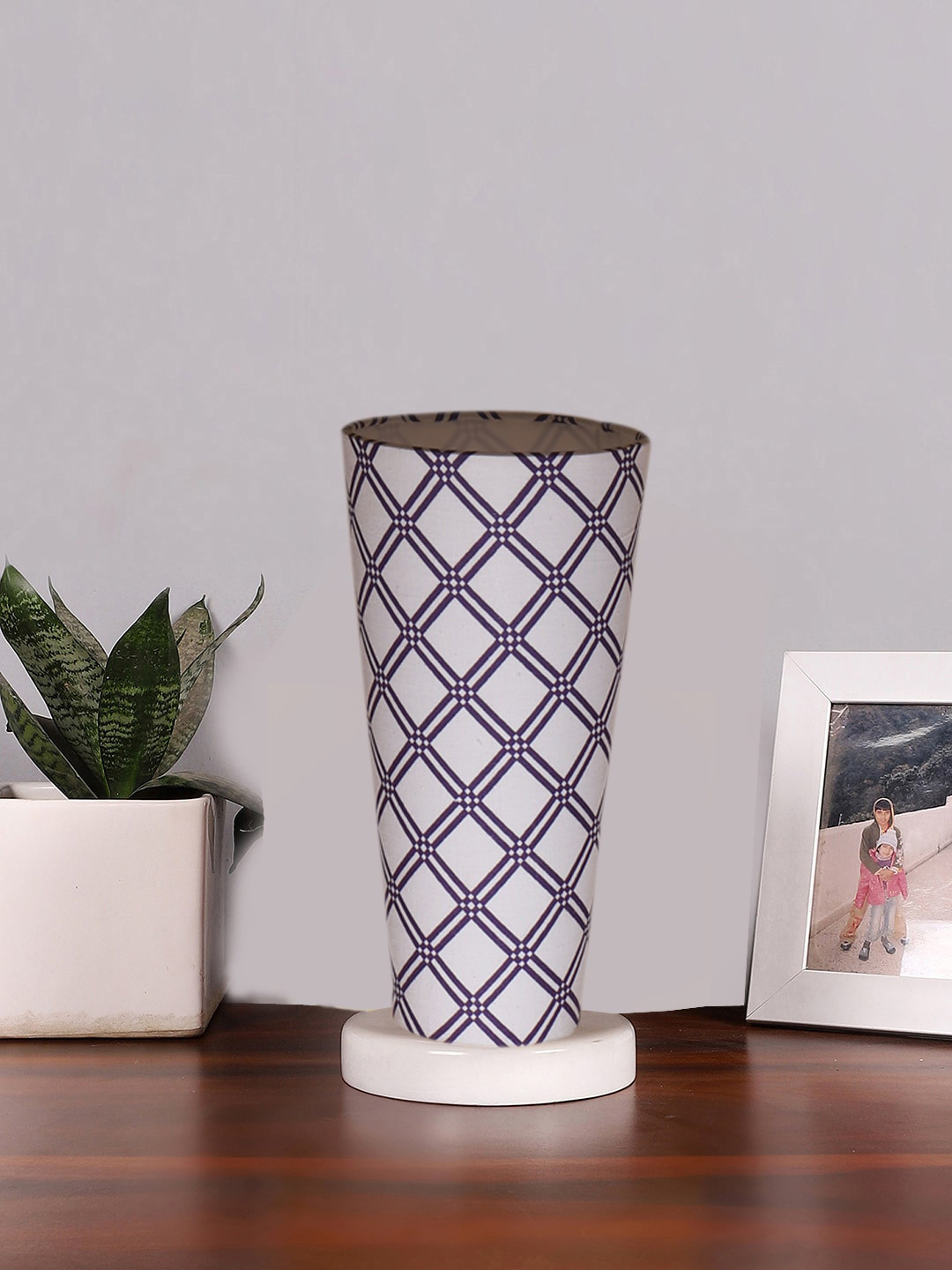 Devansh White Cotton Cylinder Table Lamps With White Round Wood Base