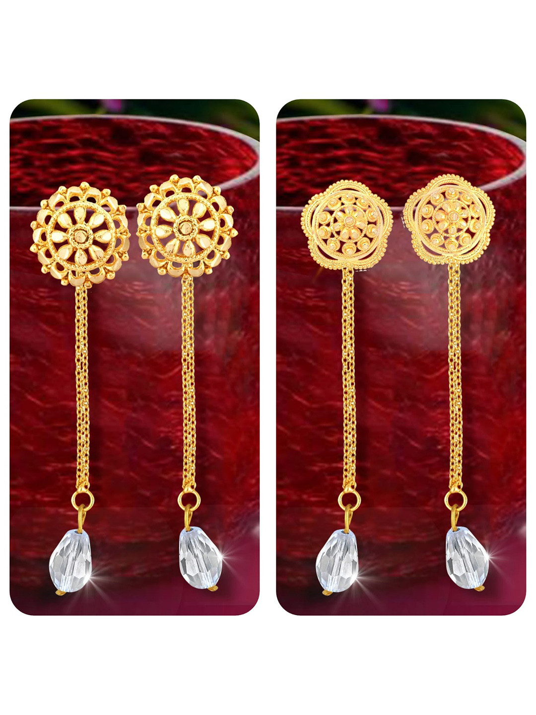 Vighnaharta Set Of 2 Gold-Plated Stud Earrings With Removable Chain Drop