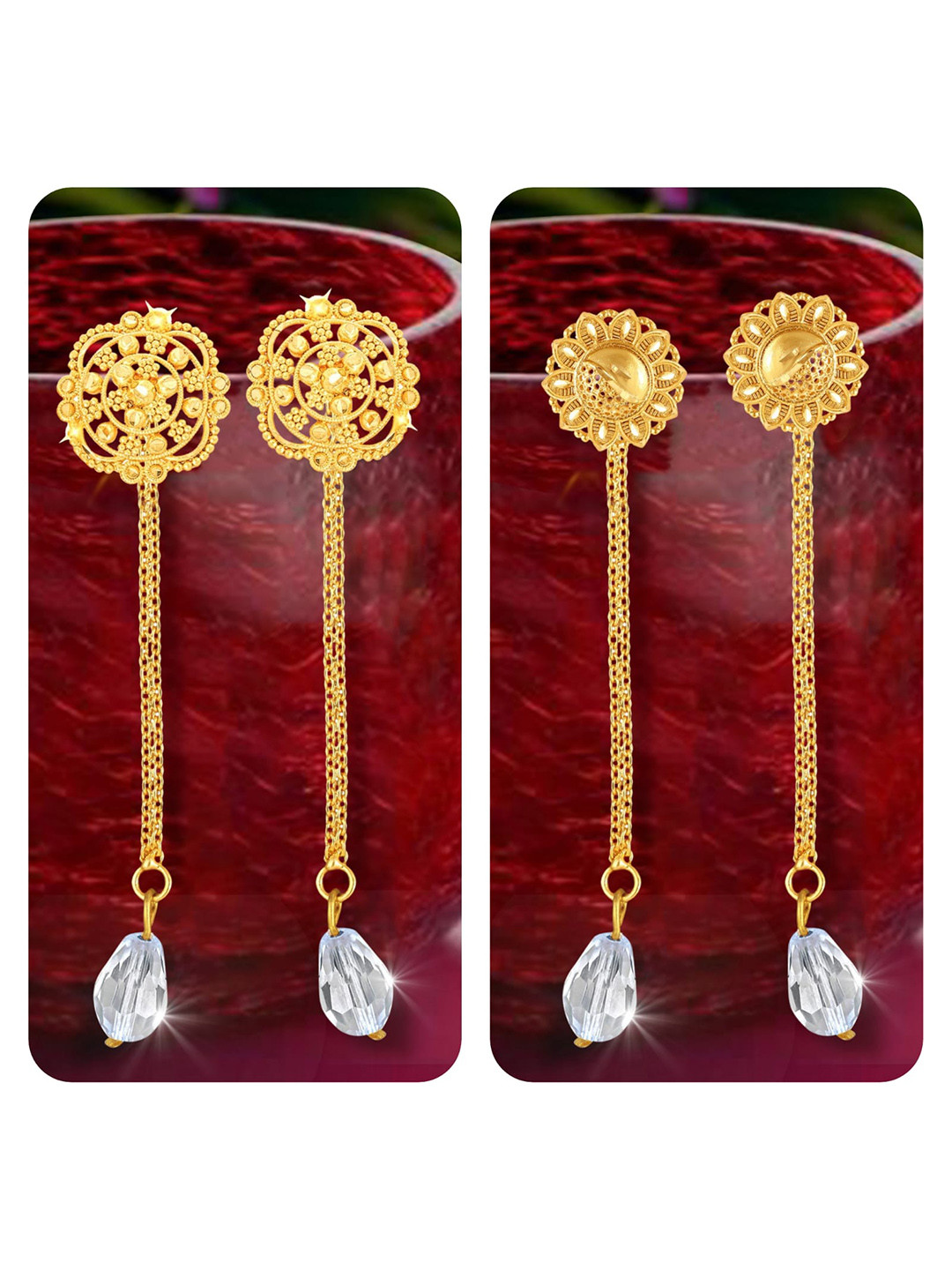 Vighnaharta Set Of 2 Gold-Plated Stud Earrings With Removable Chain Drop
