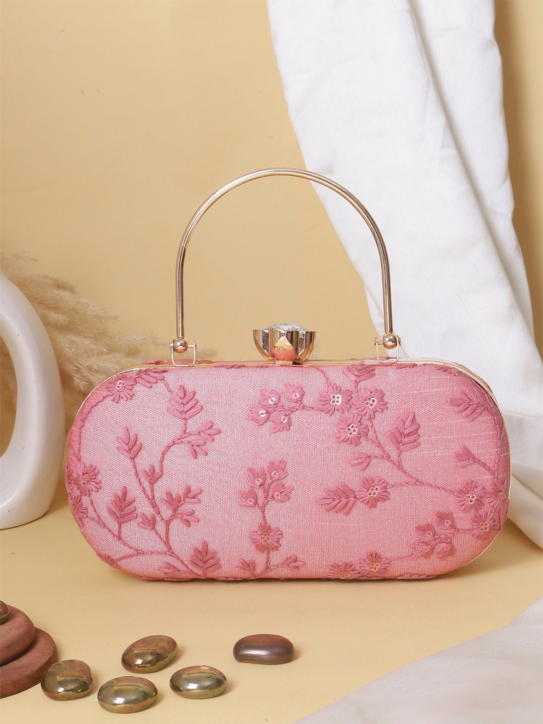Swisni  Floral Embroidered Wrist Loop Twist Clutch