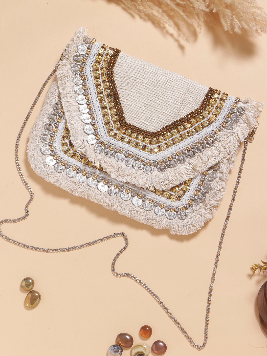 Swisni Embellished Fringed Jute Envelope Clutch