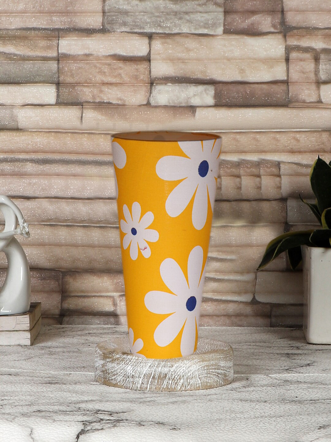Devansh Yellow & White Cotton Cylinder Table Lamps With Brown Round Wood Base