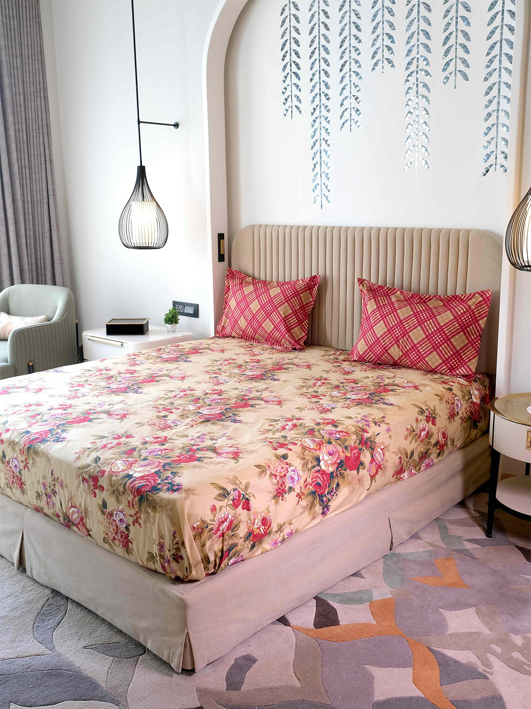 Pure Decor Leisure Fur Beige Floral Polycotton 240 TC Super King Fine Bedsheet with 2 Pillow Covers-108 x 108 inches