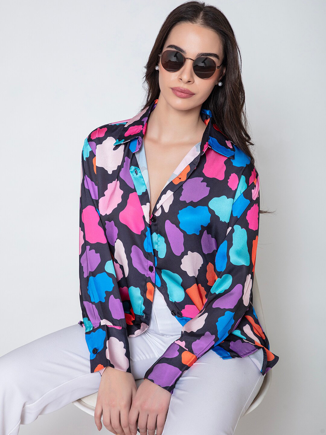 Lounge Dreams Abstract Printed Comfort Satin Oversized Shirt
