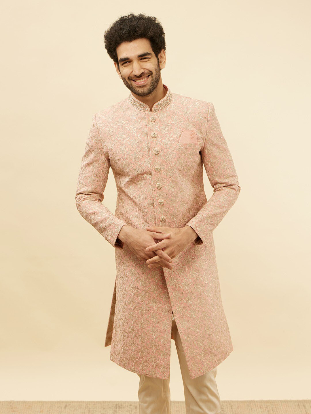 Manyavar Floral Embroidered Mandarin Collar Beads & Stones Sherwani Set