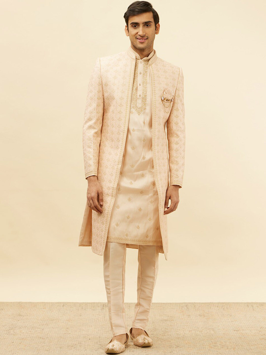 Manyavar Floral Embroidered Mandarin Collar Beads & Stones Sherwani With Pyjama & Coat