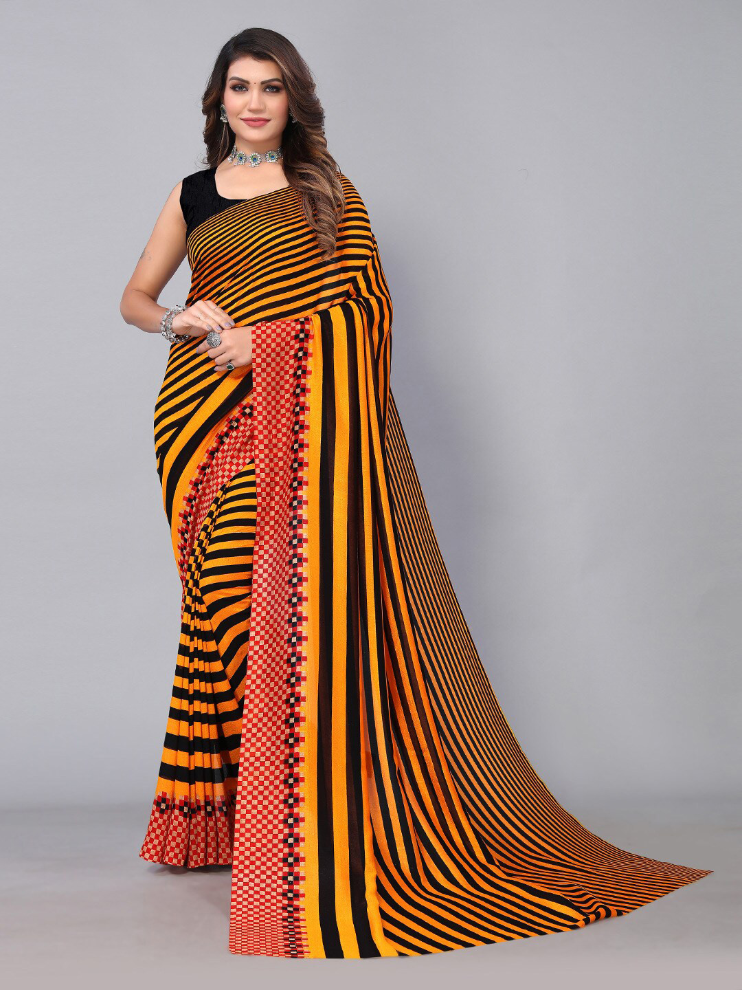 KALINI Striped Printed Boarder Pure Georgette Saree
