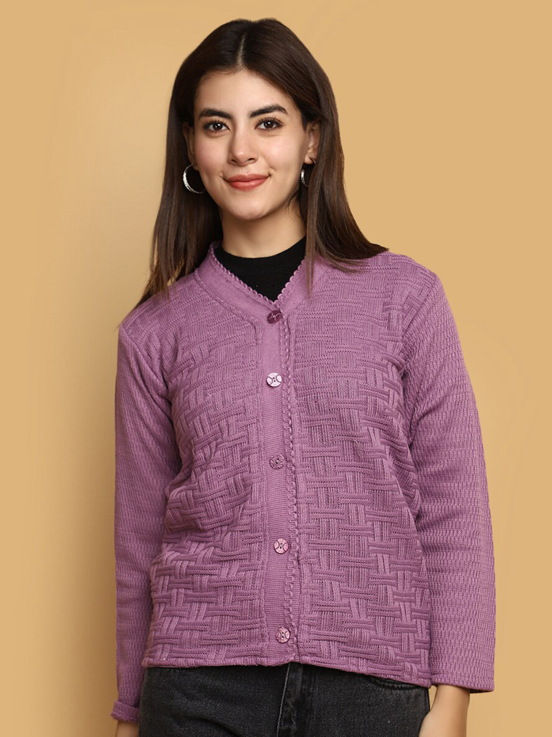 V-Mart Self Design V-Neck Front-Open Sweatshirt