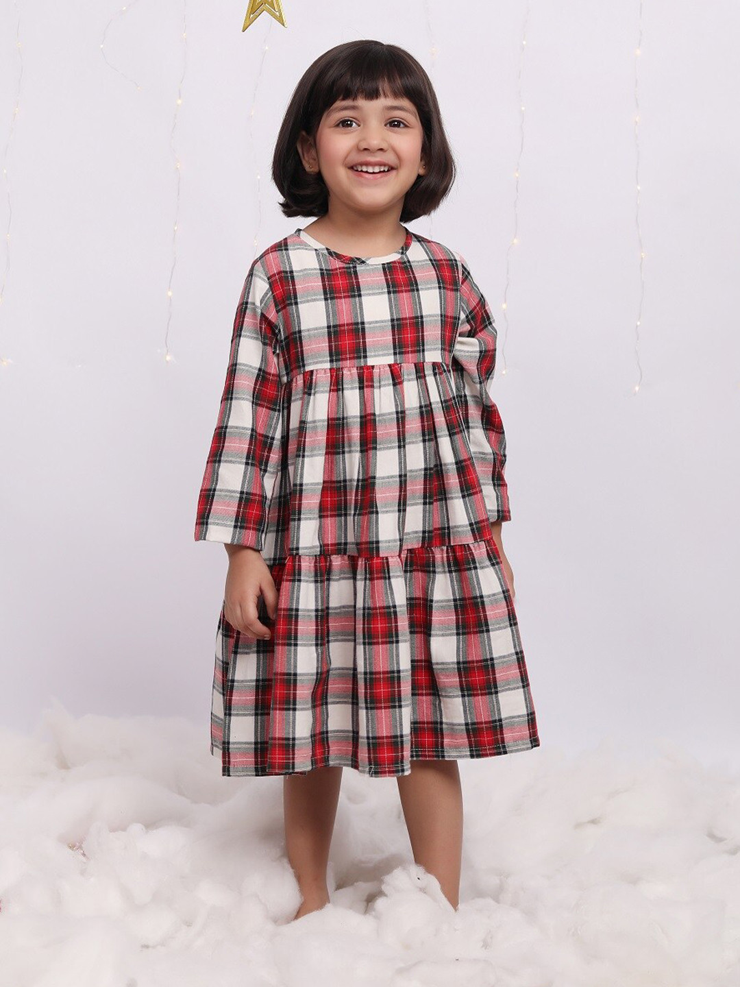 Biglilpeople Girls Checked Round Neck Long Sleeves Gathered Tiered Cotton A-Line Dress