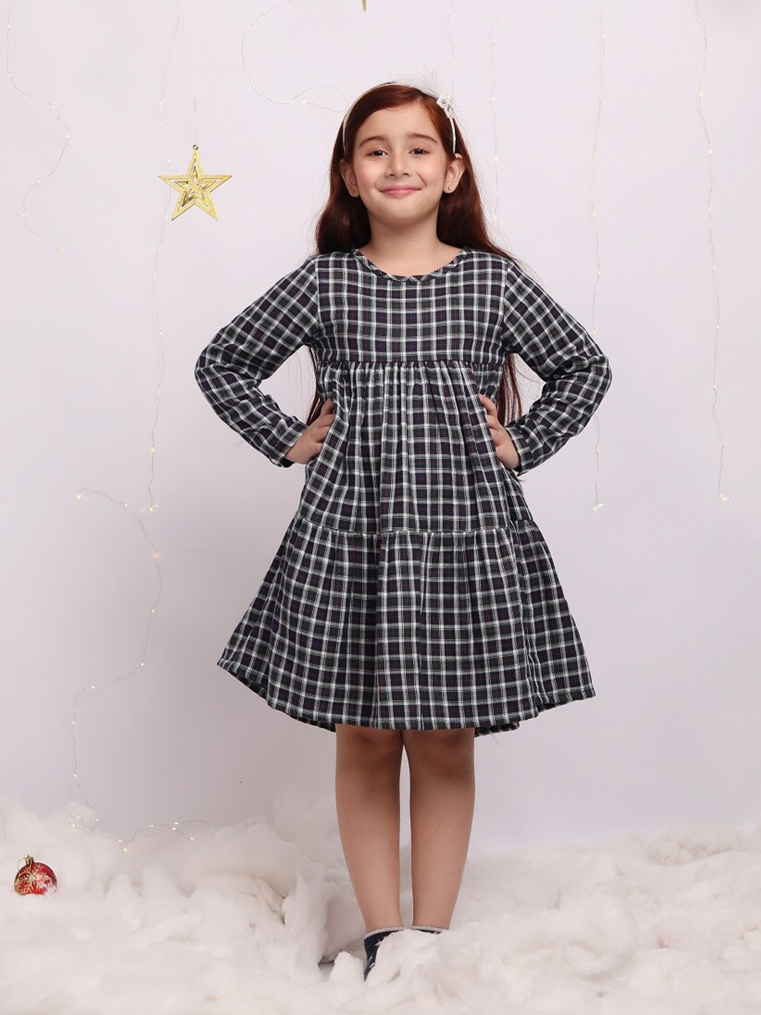 Biglilpeople Girls Checked Round Neck Long Sleeves Gathered Tiered Cotton A-Line Dress