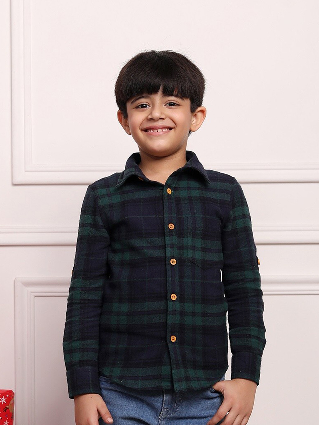 Biglilpeople Boys Straight Tartan Checks Flannel Spread Collar Cotton Casual Shirt
