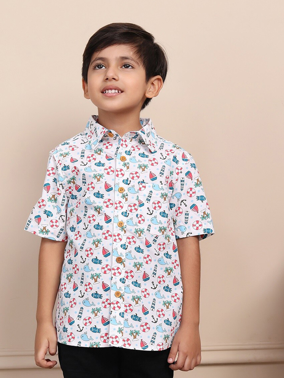 Biglilpeople Boys Straight Graphic Printed Spread Collar Short Sleeves Cotton Casual Shirt