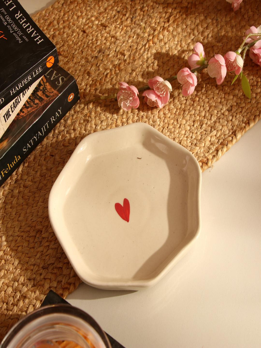The Decor Mart Beige Heart Print Ceramic Platter
