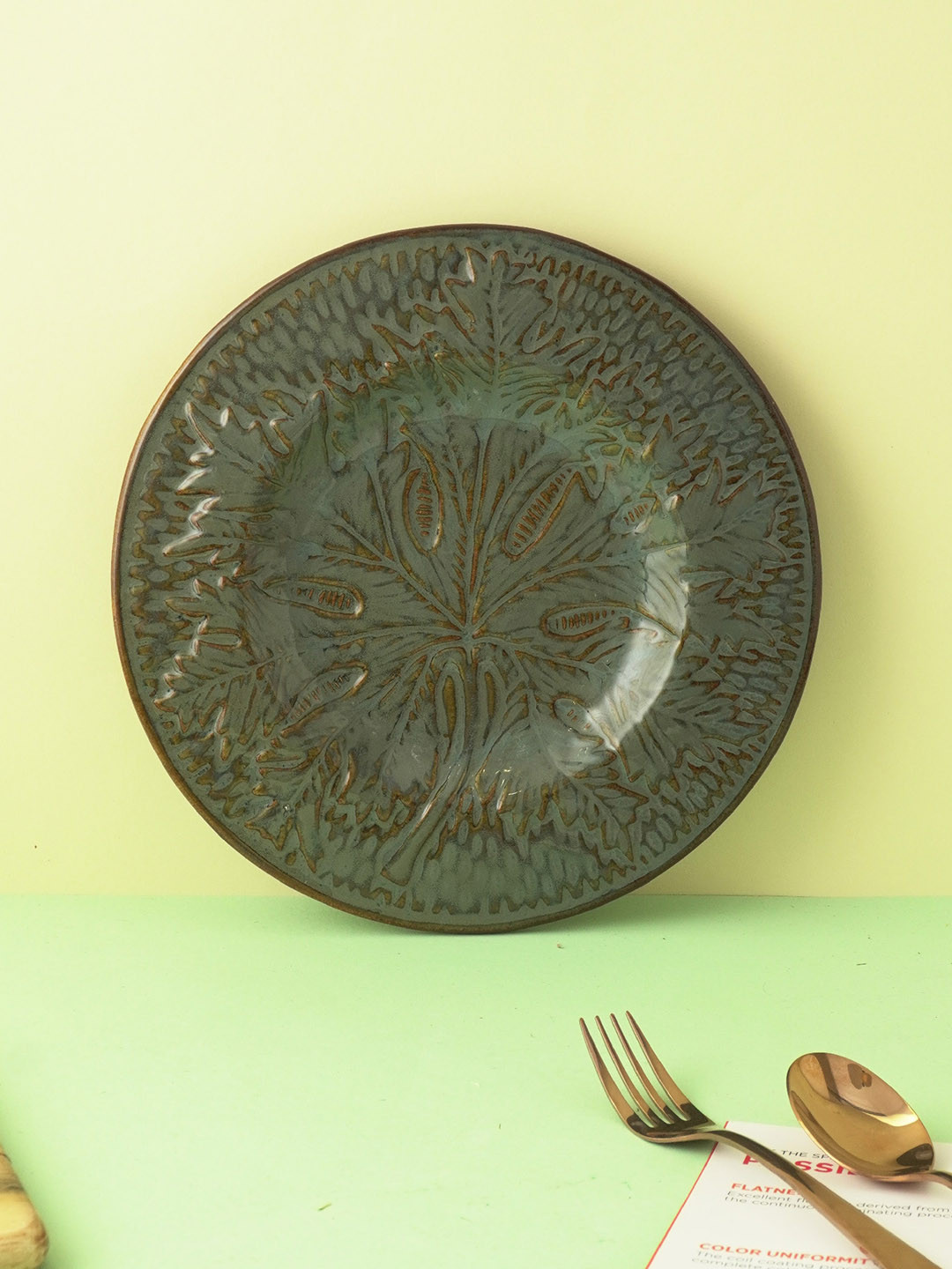 The Decor Mart Green Floral Imprint Ceramic Platter