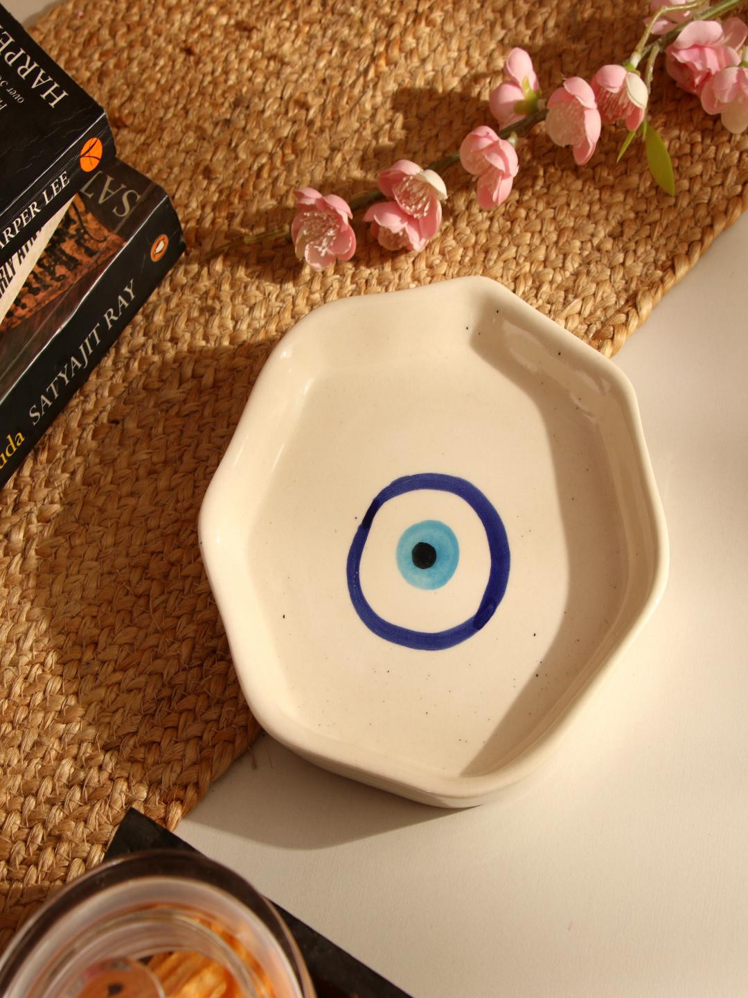 The Decor Mart Beige Blue Ceramic Evil Eye Serving Platter
