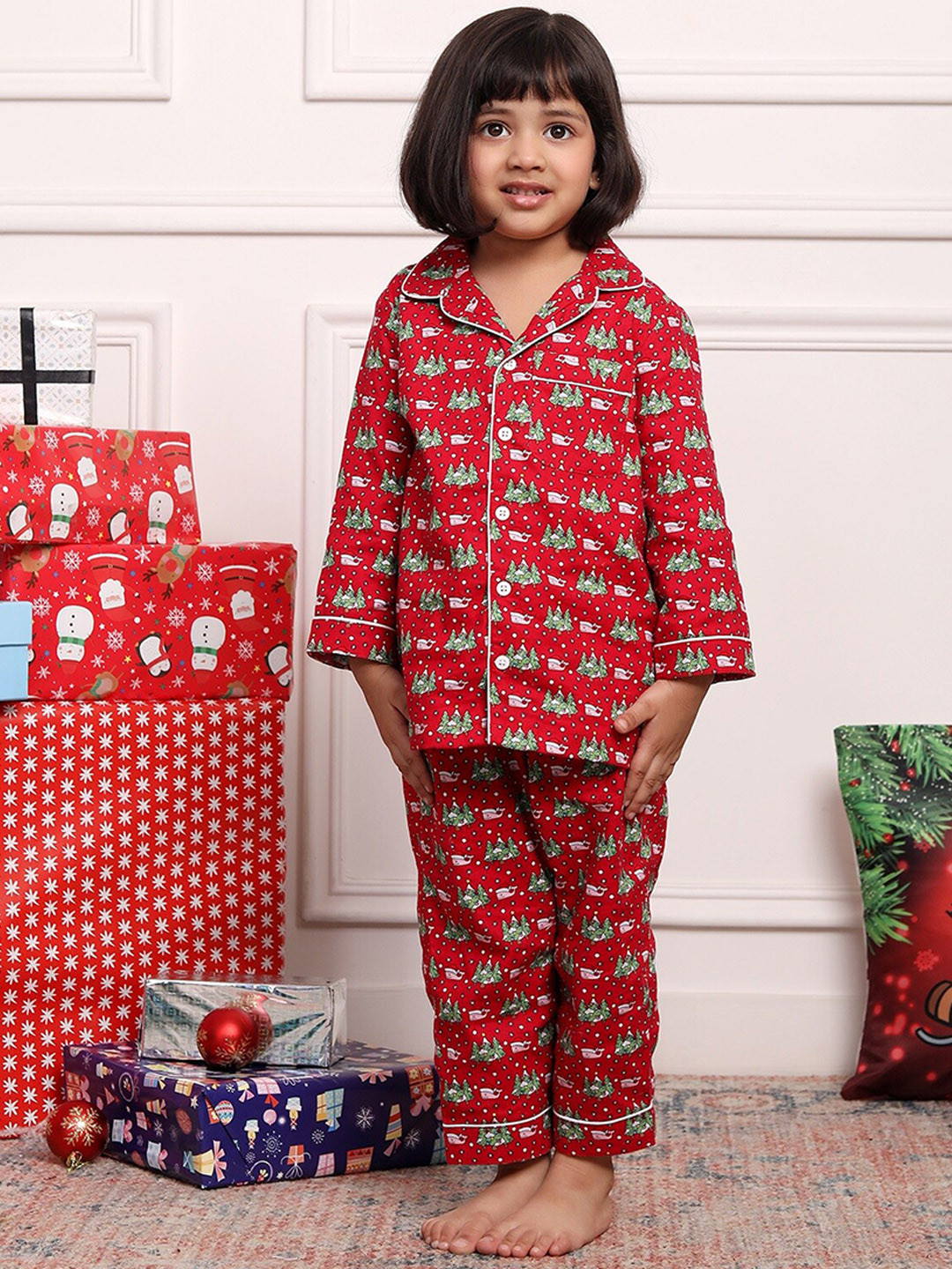Biglilpeople Girls Printed Cotton Shirt With Pyjamas Night suit
