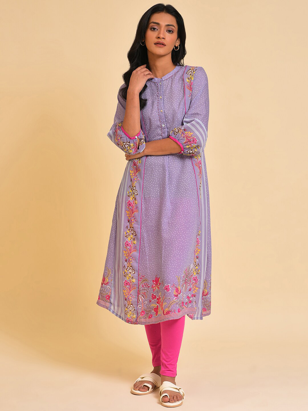 W Purple Floral Printed Mandarin Collar A-Line Kurta With Leggings