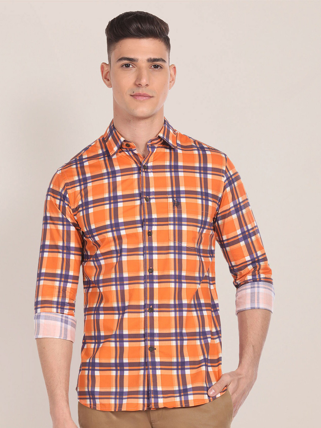 U.S. Polo Assn. Tartan Checks Spread Collar Long Sleeves Casual Shirt