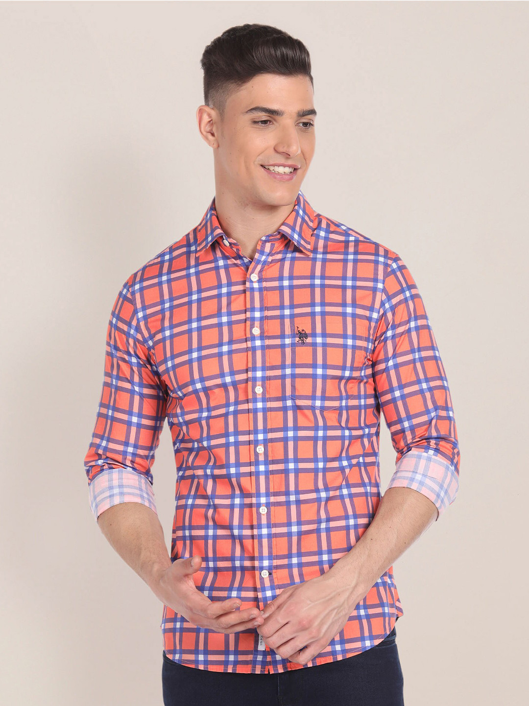 U.S. Polo Assn. Tartan Checks Spread Collar Long Sleeves Cotton Casual Shirt