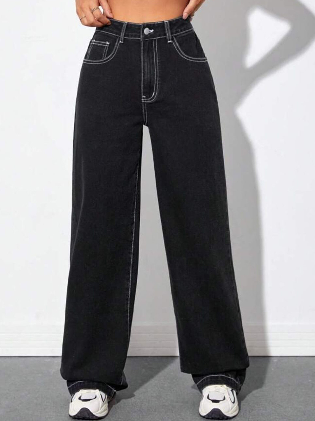 BROADSTAR Women Smart Wide Leg High-Rise Clean Look Pure Cotton Jeans