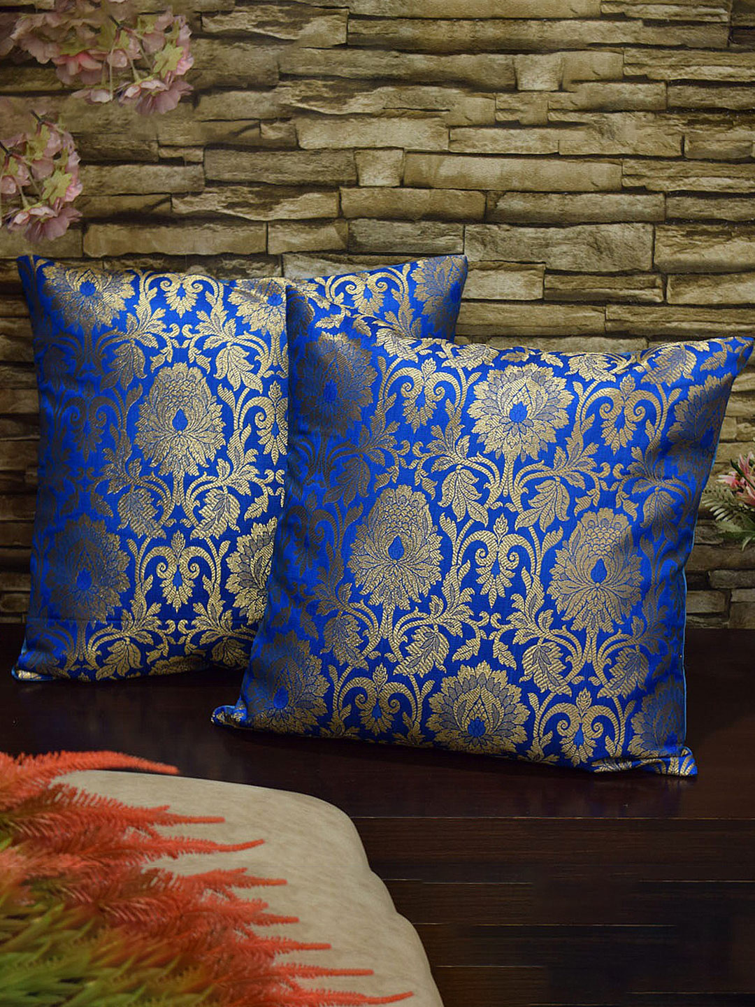 RoyalDeco 2 Pcs Turquoise Blue Ethnic Motifs Banarasi Brocade Silk Square Cushion Covers