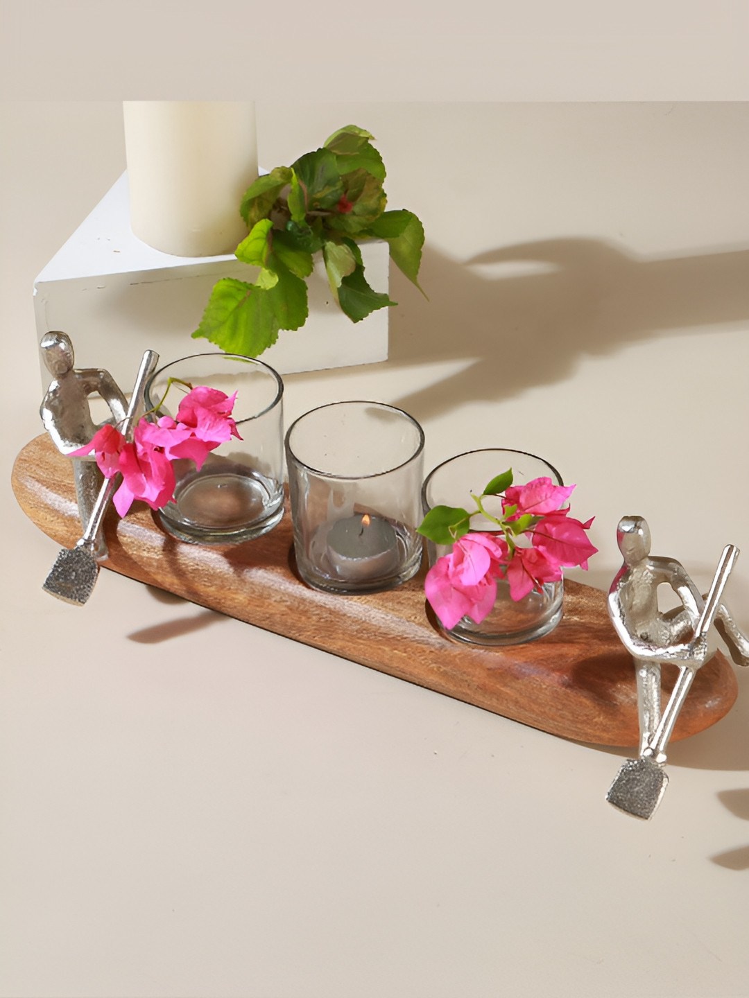 Manor House Brown  Wooden Kishti with 2 Sailers Votive Candle Holder