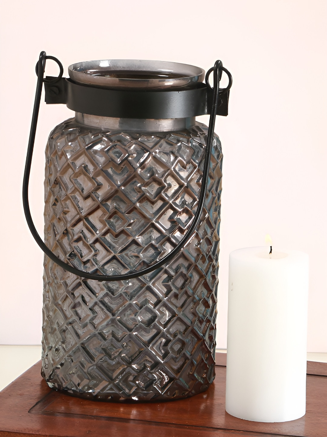 Manor House Black and SilverToned Roshni Patterned Glass Lustre Lantern Candle Holder