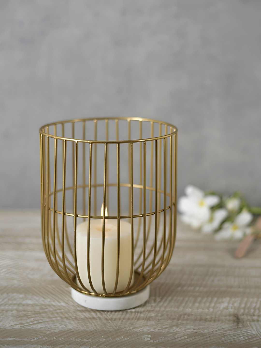 Manor House GoldToned Wire Basket Pillar Marble Base Candle Holder