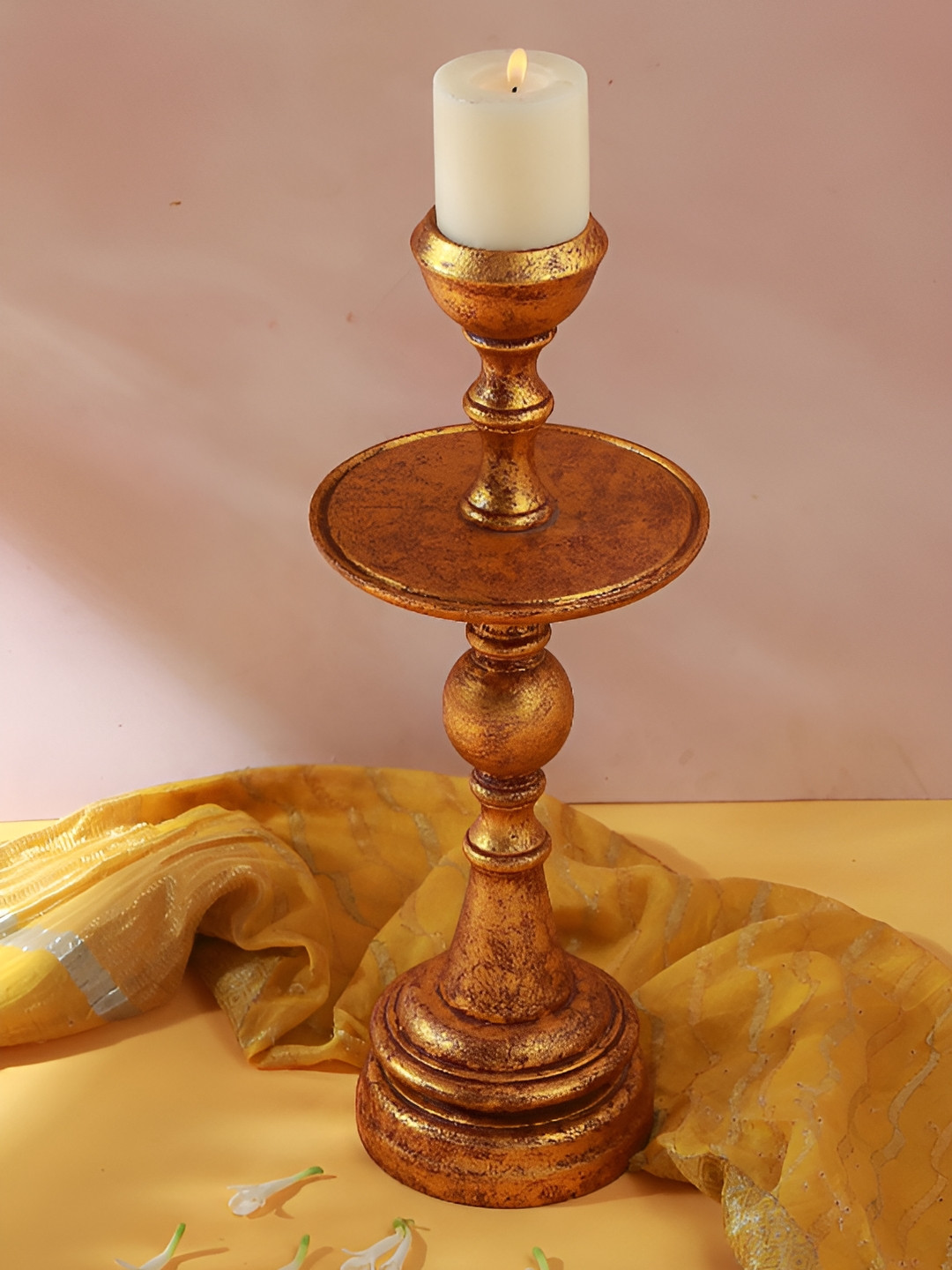 Manor House Gold-Toned Wooden Pillar Candle Holder