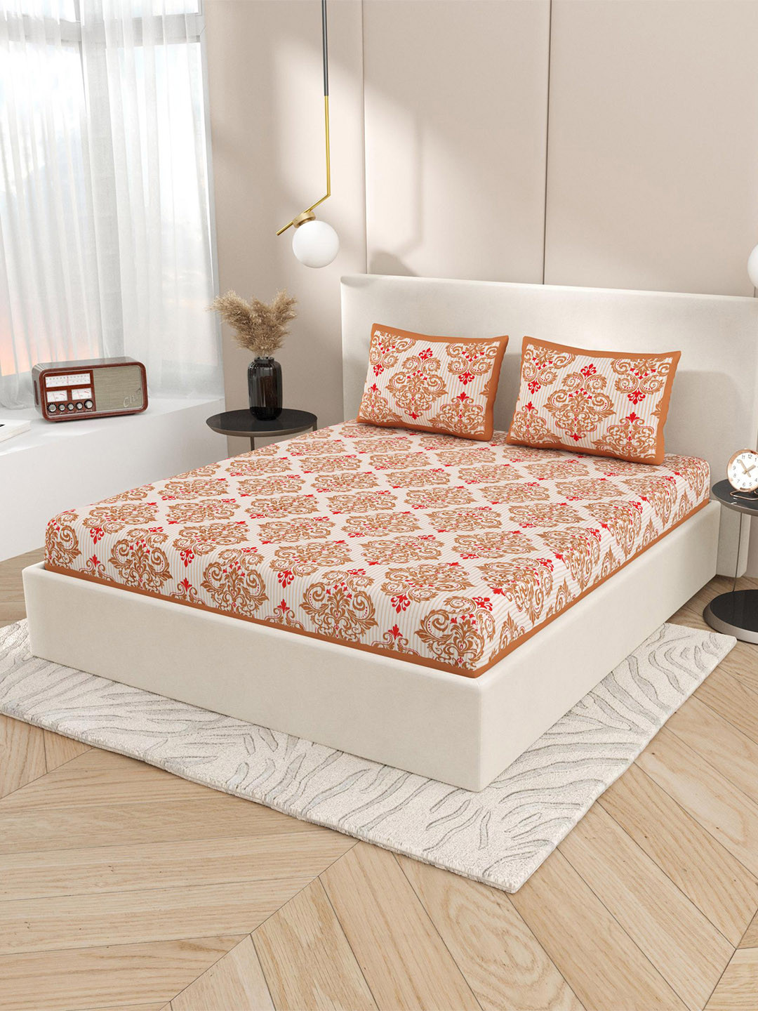 Lali Prints Brown Ethnic Motifs Block Print Cotton 130 TC Queen Bedsheet & 2 Pillow Covers