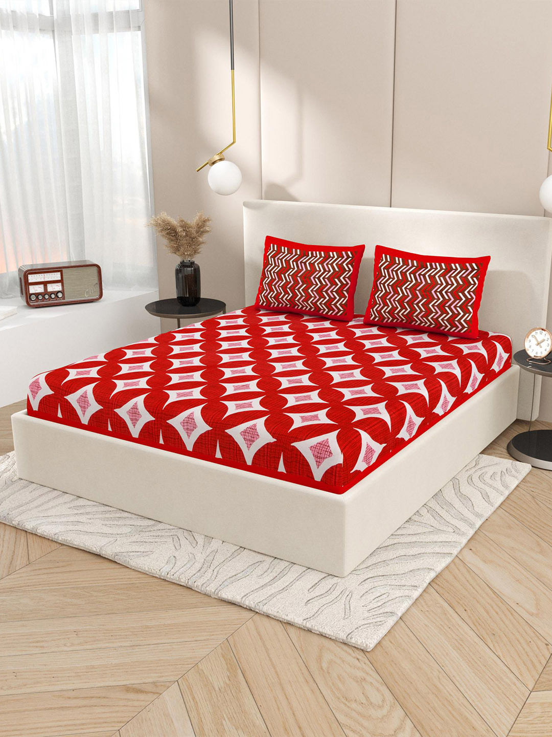 Lali Prints Red Block Printed Cotton 130 TC Queen Bedsheet with 2 Pillow Covers