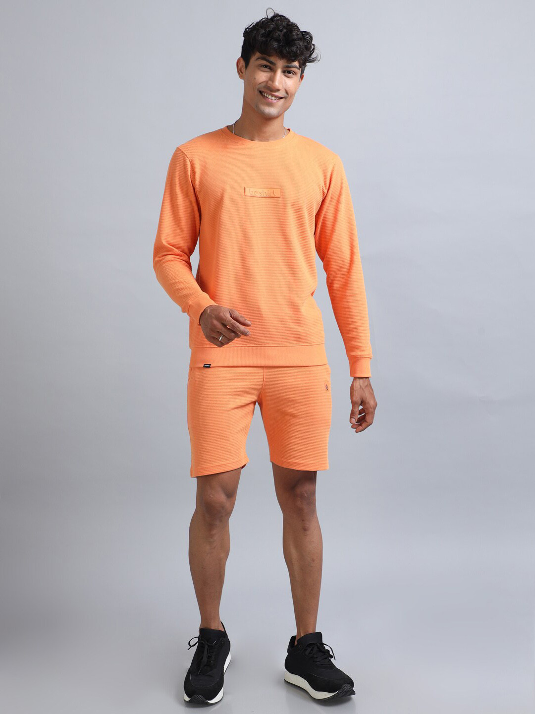 Bushirt Self Design Long Sleeves Sweatshirt With Shorts Co-Ord Set