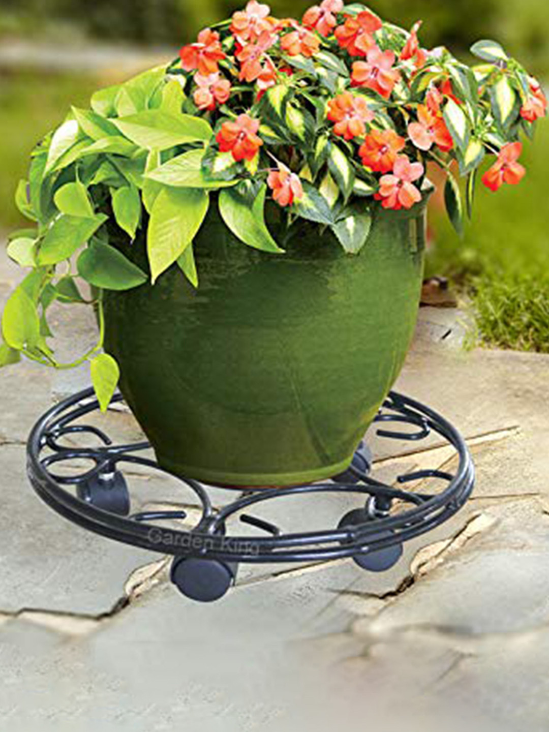 Garden Deco Black Metal Pot Stand with Wheels