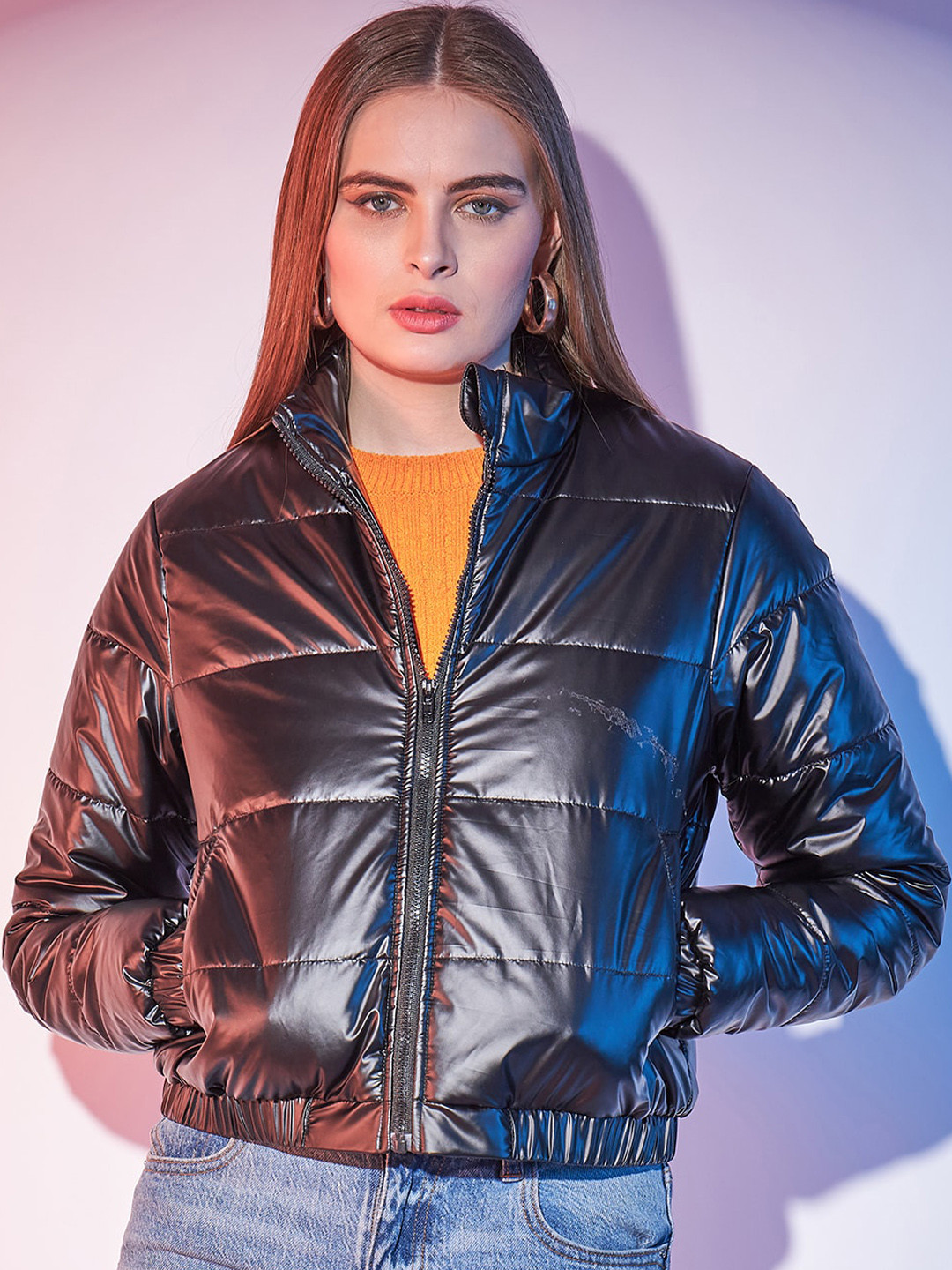 STREET 9 Black Mock Collar Lightweight Long Sleeves Crop Puffer Jacket