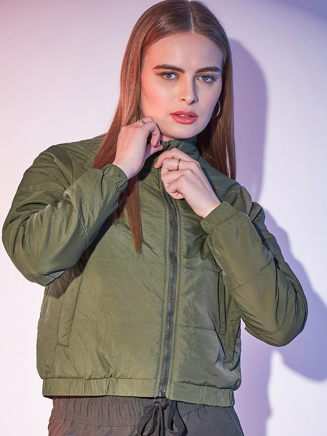 STREET 9 Olive Green Mock Collar Lightweight Long Sleeves Crop Bomber Jacket