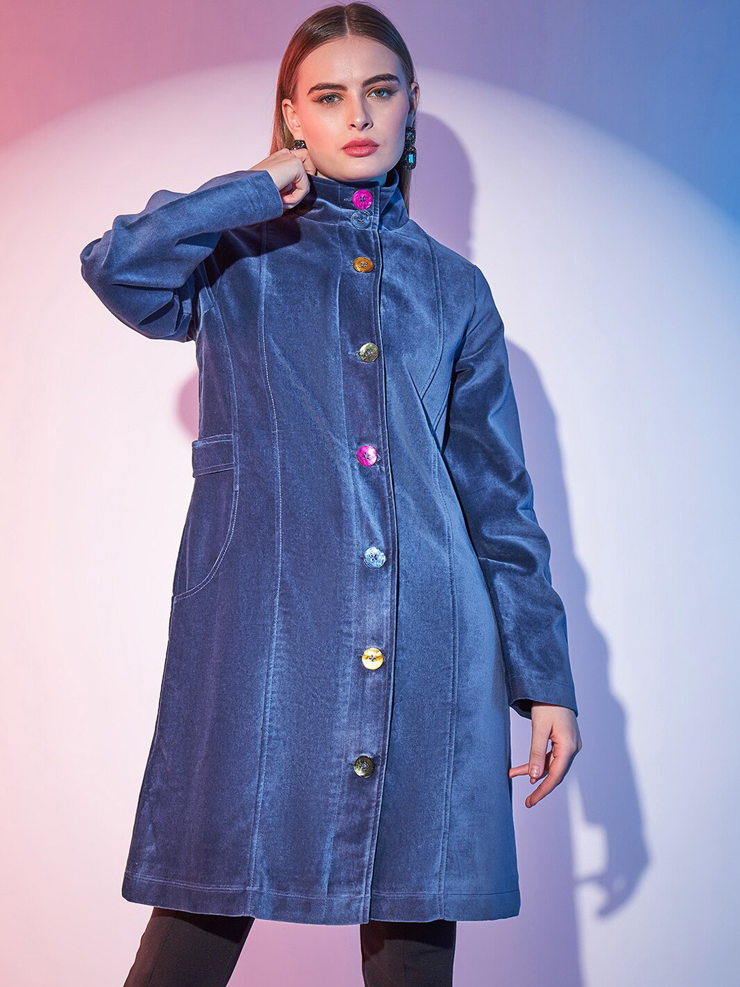 STREET 9 Velvet Single-Breasted Longline Overcoat
