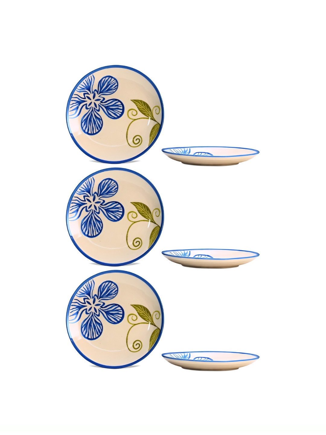 caffeine Beige & Blue 6 Pieces Floral Print Ceramic Microwave Safe Dinner Plates